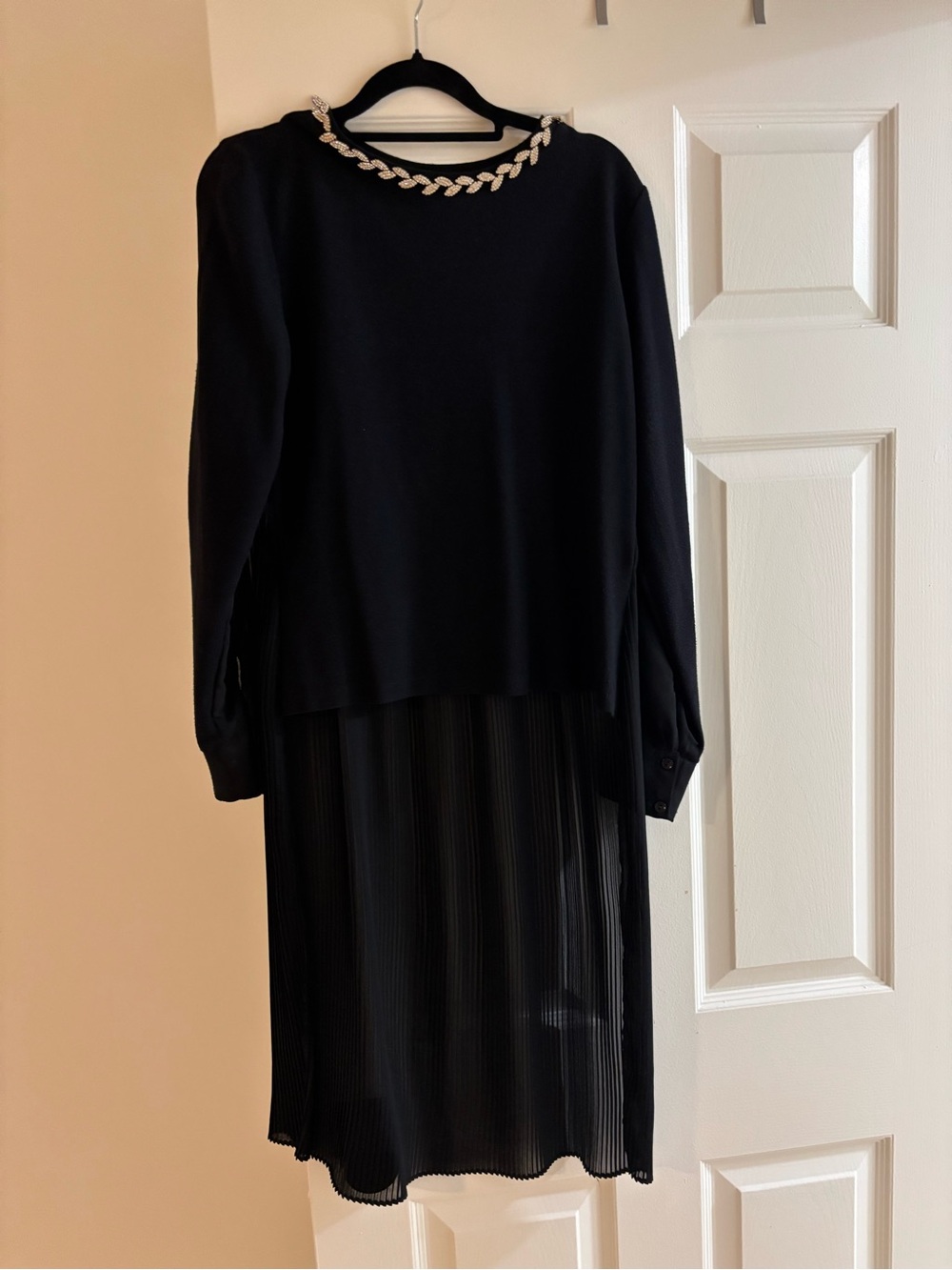 Black Long Sleeve High Low Blouse with Jewled Trim